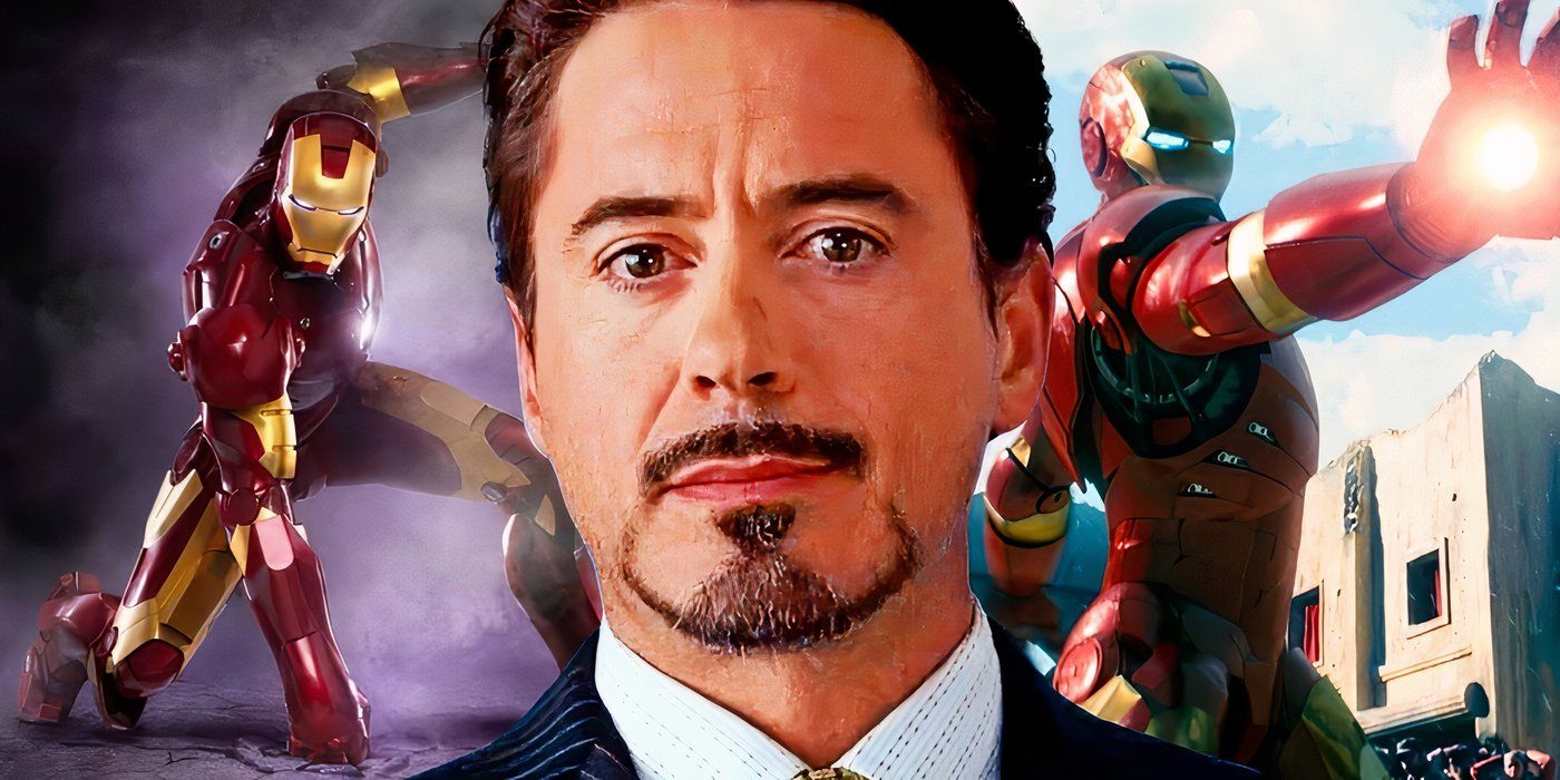 Robert Downey Jr.'s Tony Stark with MCU's Iron Man behind him.