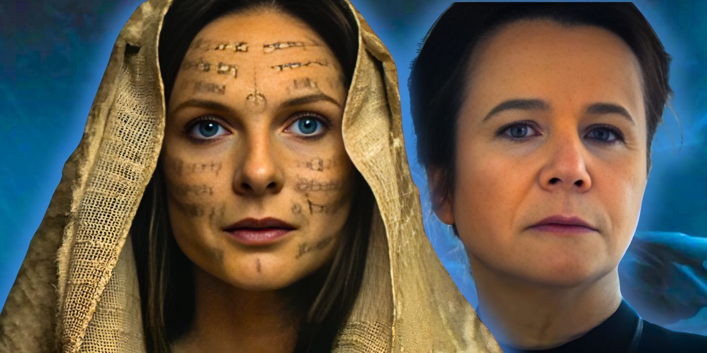 Rebecca Ferguson as Lady Jessica as a Reverend Mother in Dune 2 and Emily Watson as a Harkonnen Bene Gesserit in Dune Prophecy