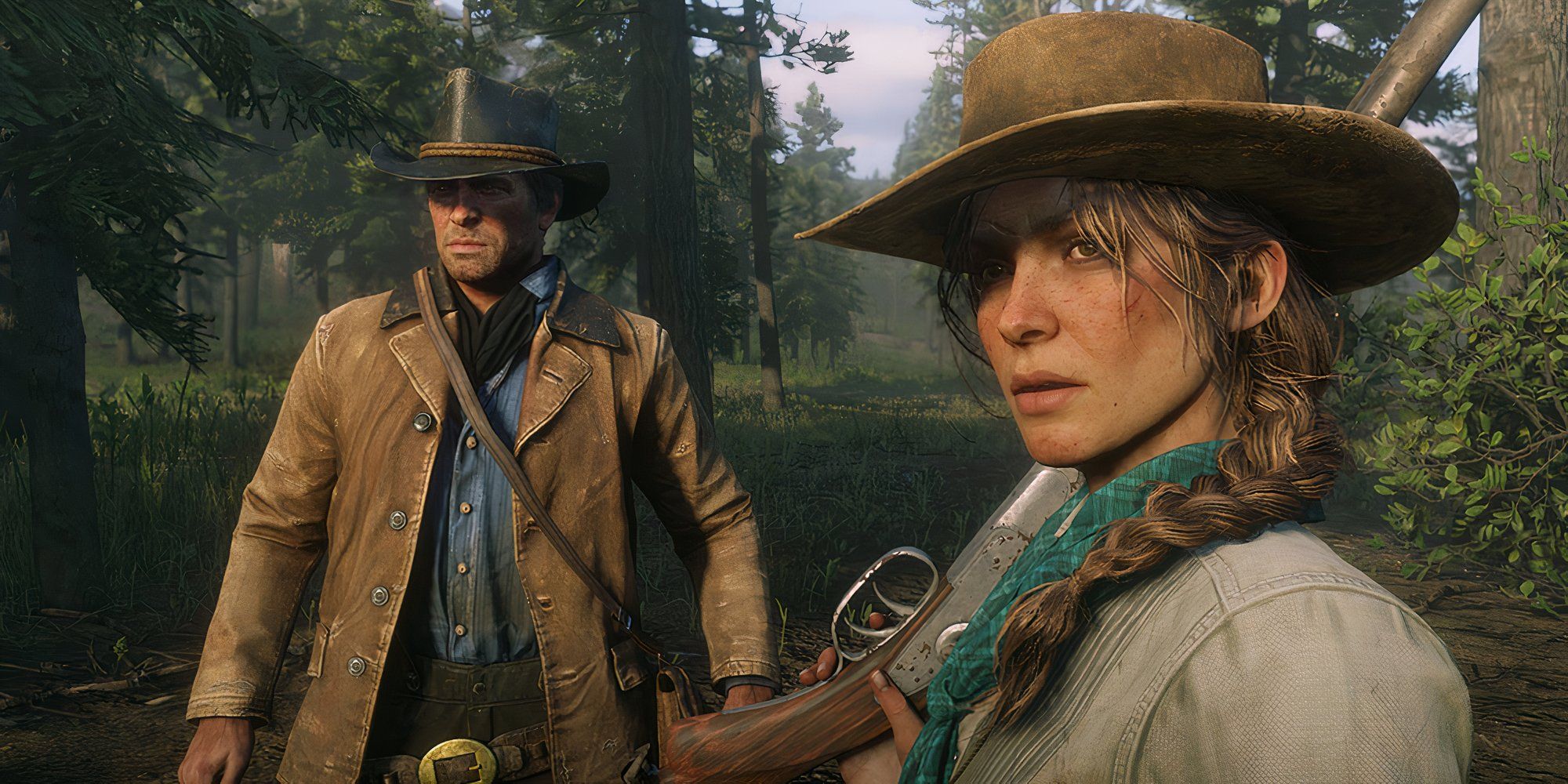 Arthur and Sadie staring at something off-camera in a forest