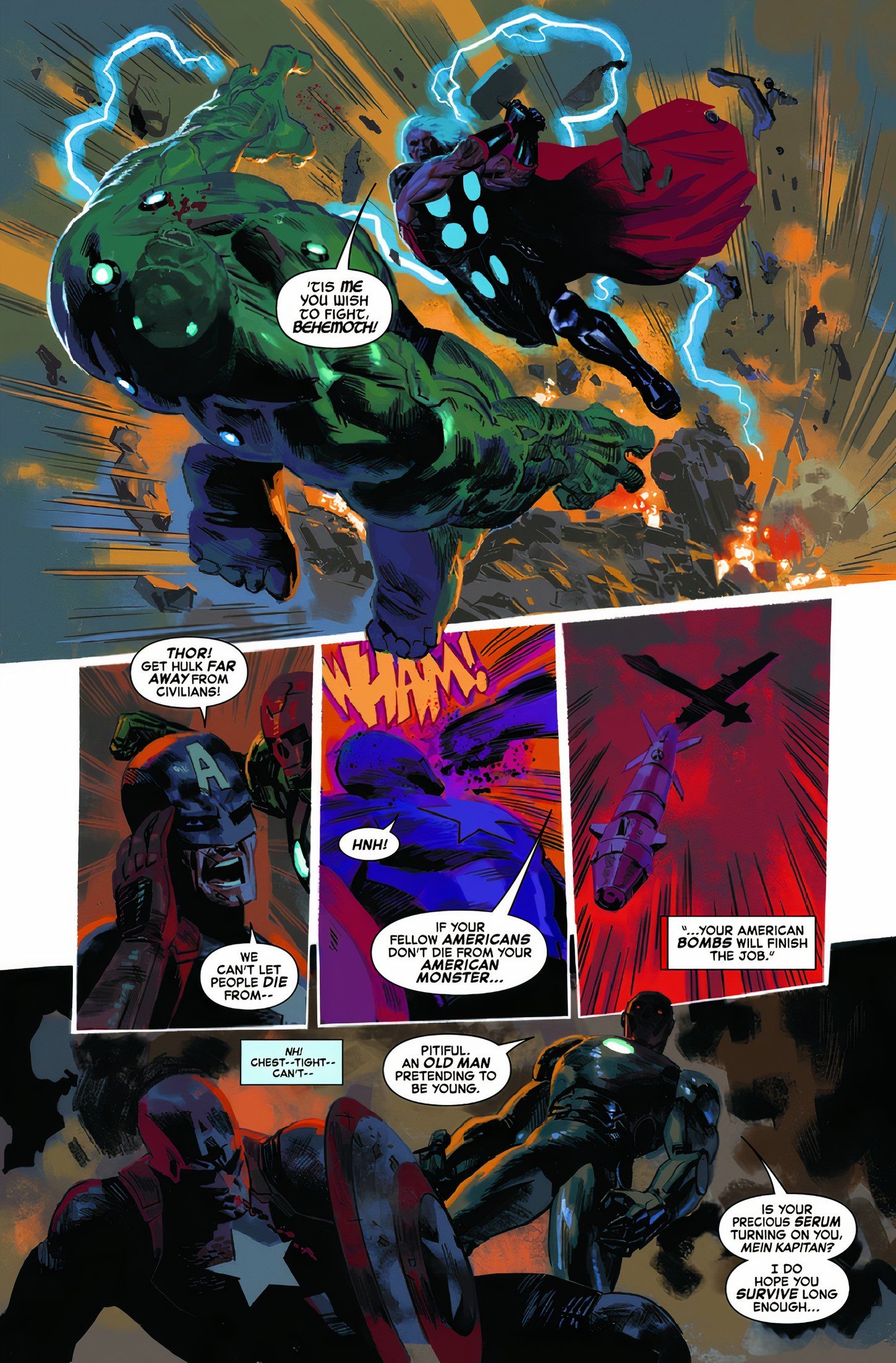 Thor e Hulk lutam enquanto Red Skull começa a insultar o Capitão América enquanto ele está no chão. 