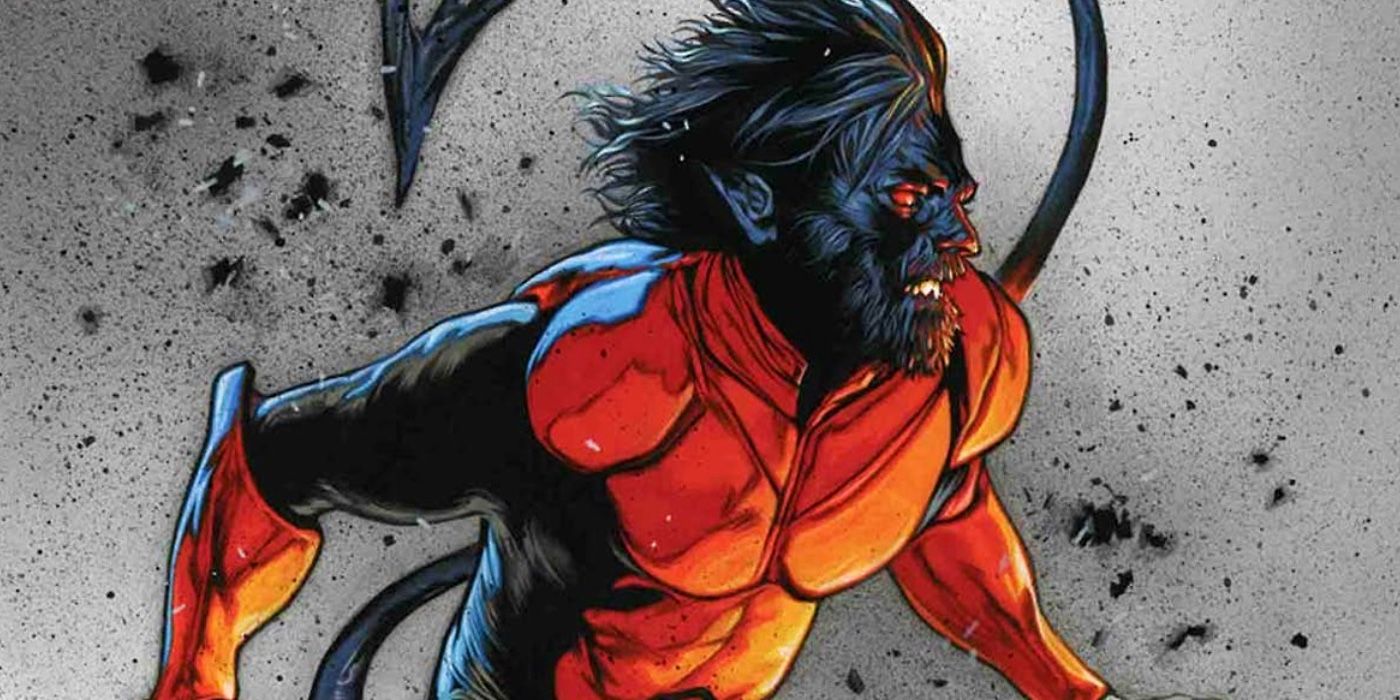 Nightcrawler olhando para longe de perfil vestindo seu terno vermelho X-Men: Red.