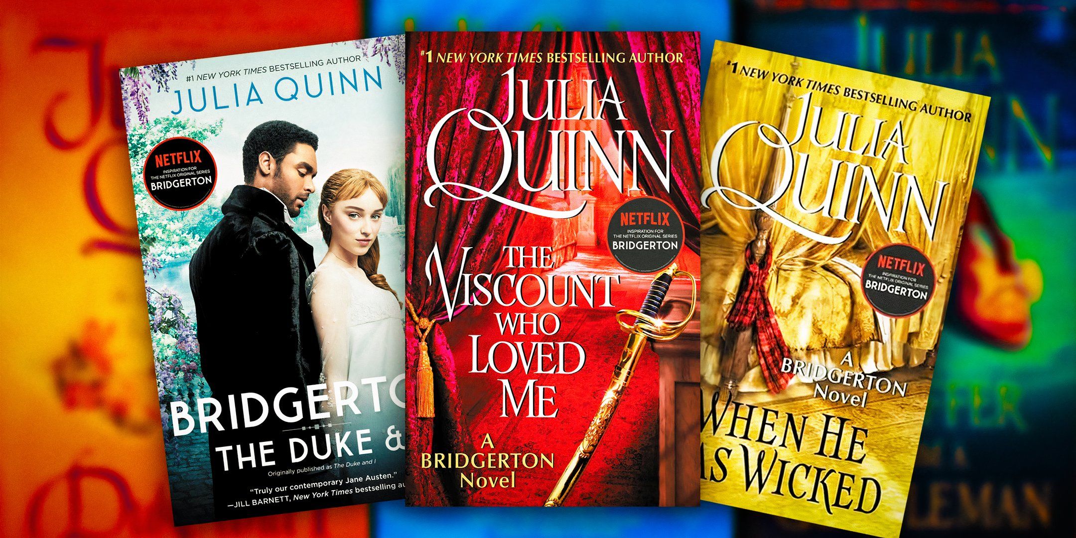 Regé-Jean Page as Simon Bassett and Phoebe Dynevor as Daphne Bridgerton on the cover of Bridgerton's The Duke and I and the covers of Bridgerton book 2 and 6
