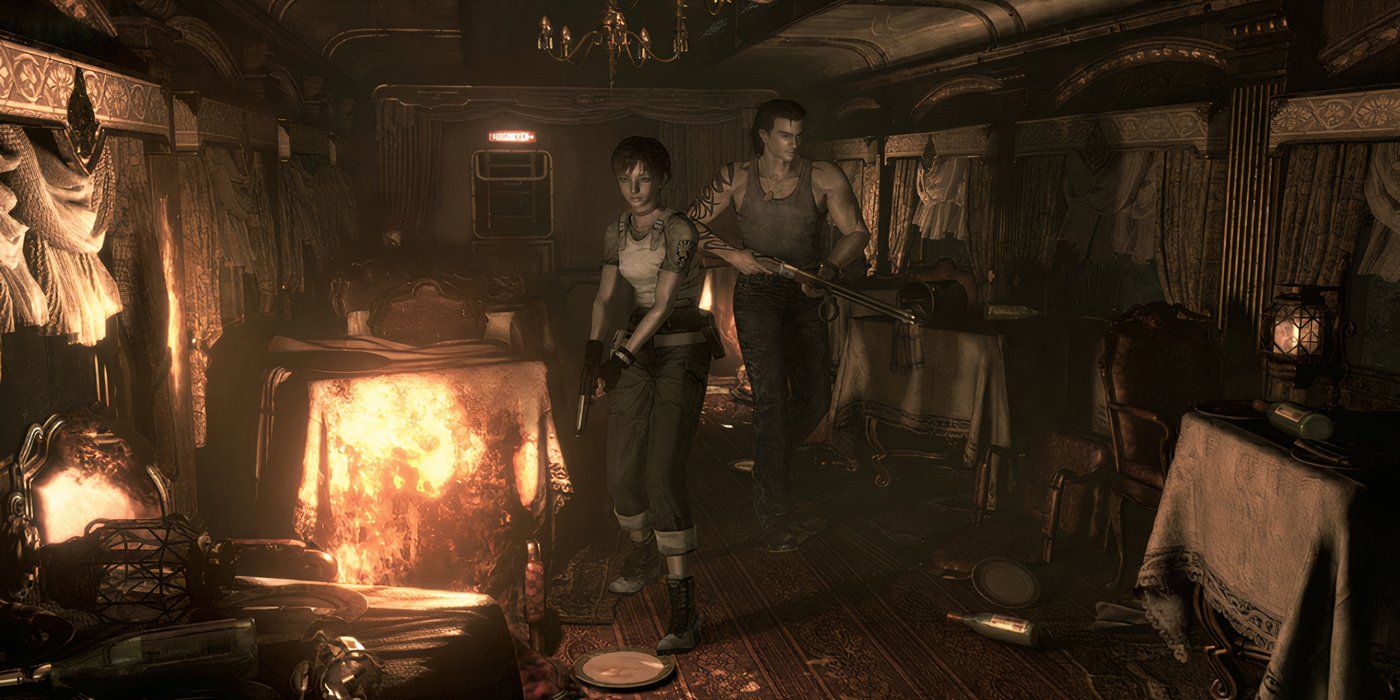 The protagonists of Resident Evil Zero, Rebecca Chambers and Billy Coen, move through a crowded hall full of unused furniture.