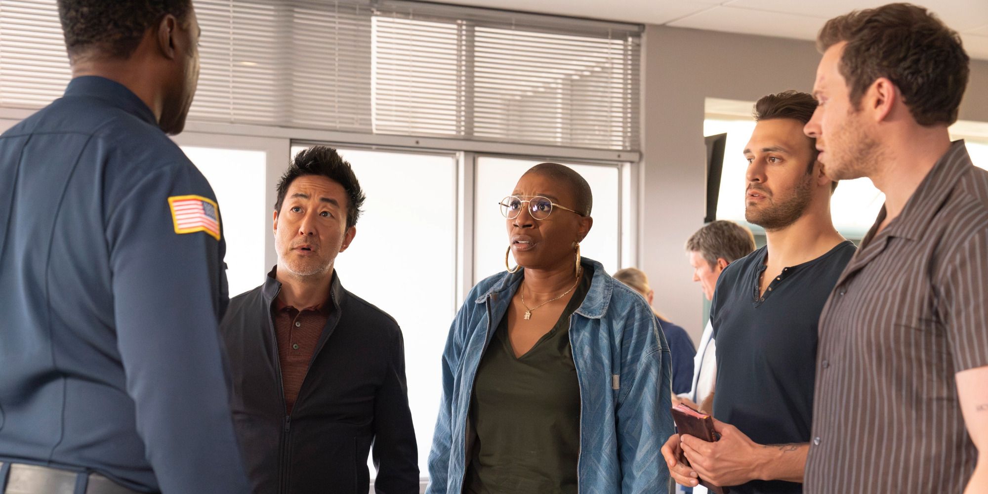 Chimney (Kenneth Choi), Hen (Aisha Hinds), Eddie (Ryan Guzman), and Buck (Oliver Stark) on the 9-1-1 Season 7 finale