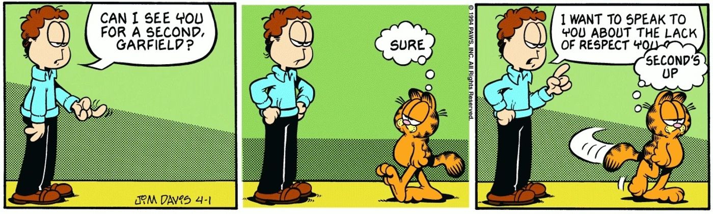 Garfield mostra que tem pouco respeito por Jon ao falar sobre seu balão de fala enquanto ele se afasta