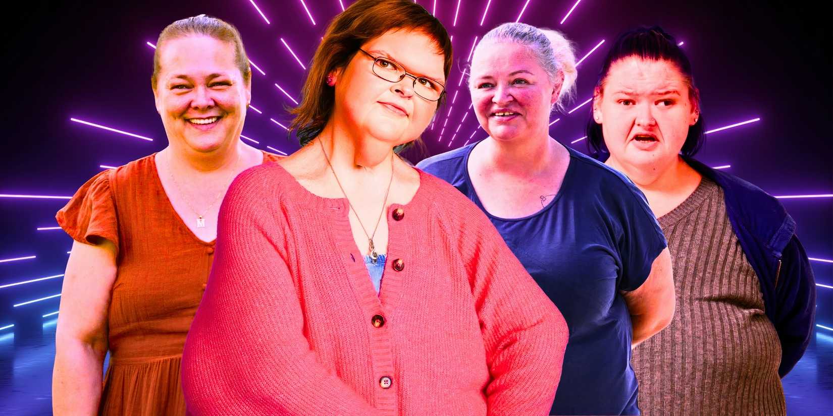  1000-Lb Sisters: Amy Slaton, Tammy Slaton, Misty Slaton Wentworth, & Amanda Halterman smiling against a dark background