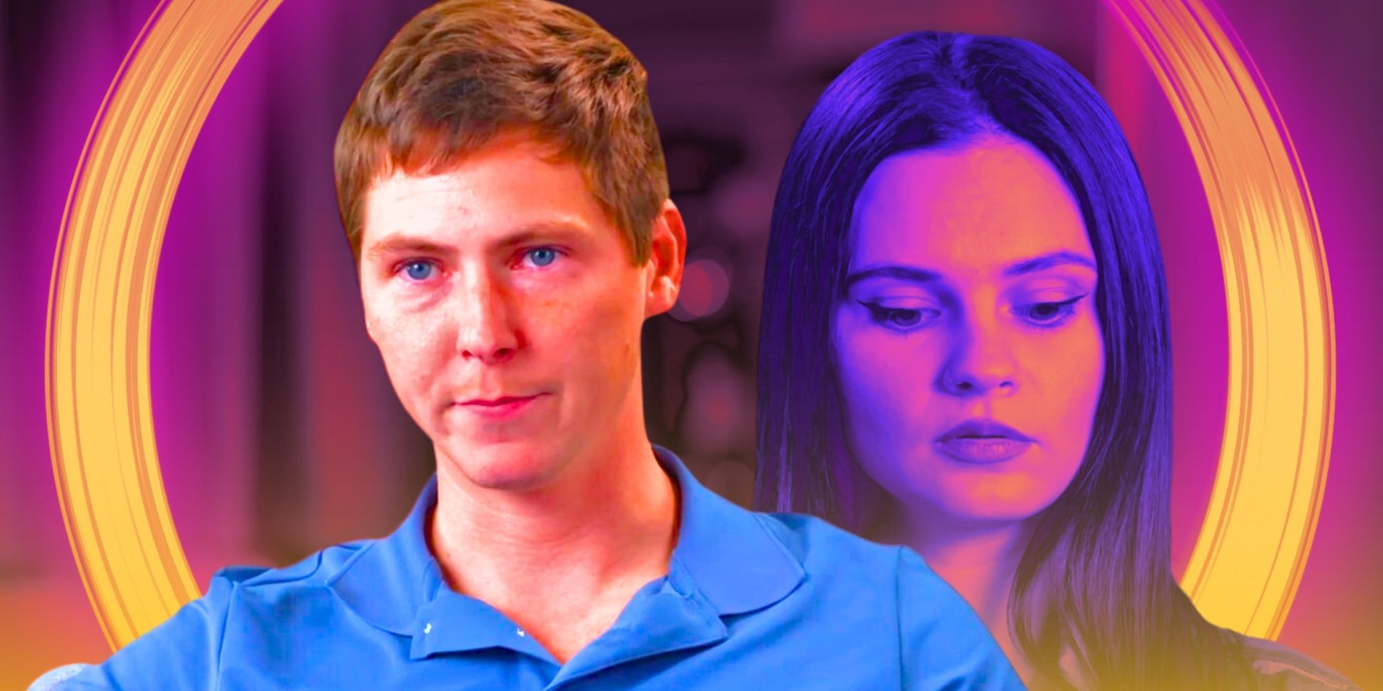 90 Day Fiancé Brandon Gibbs in blue shirt looking angry and Julia Trubkina with disappointed look in the background