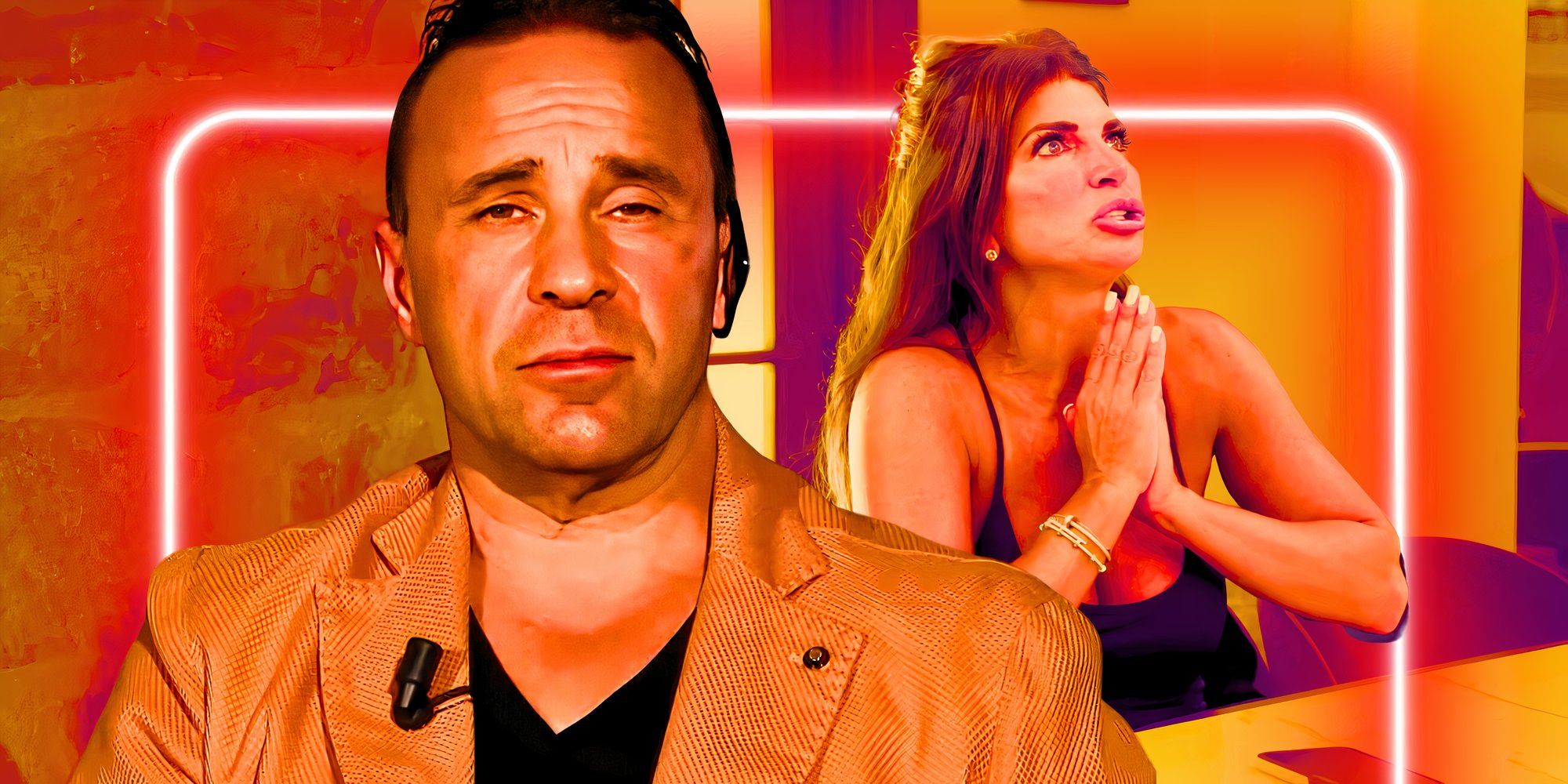 the real housewives of new jersey stars joe and teresa giudice with dramatic expressions including teresa oraying and an orange and purple background