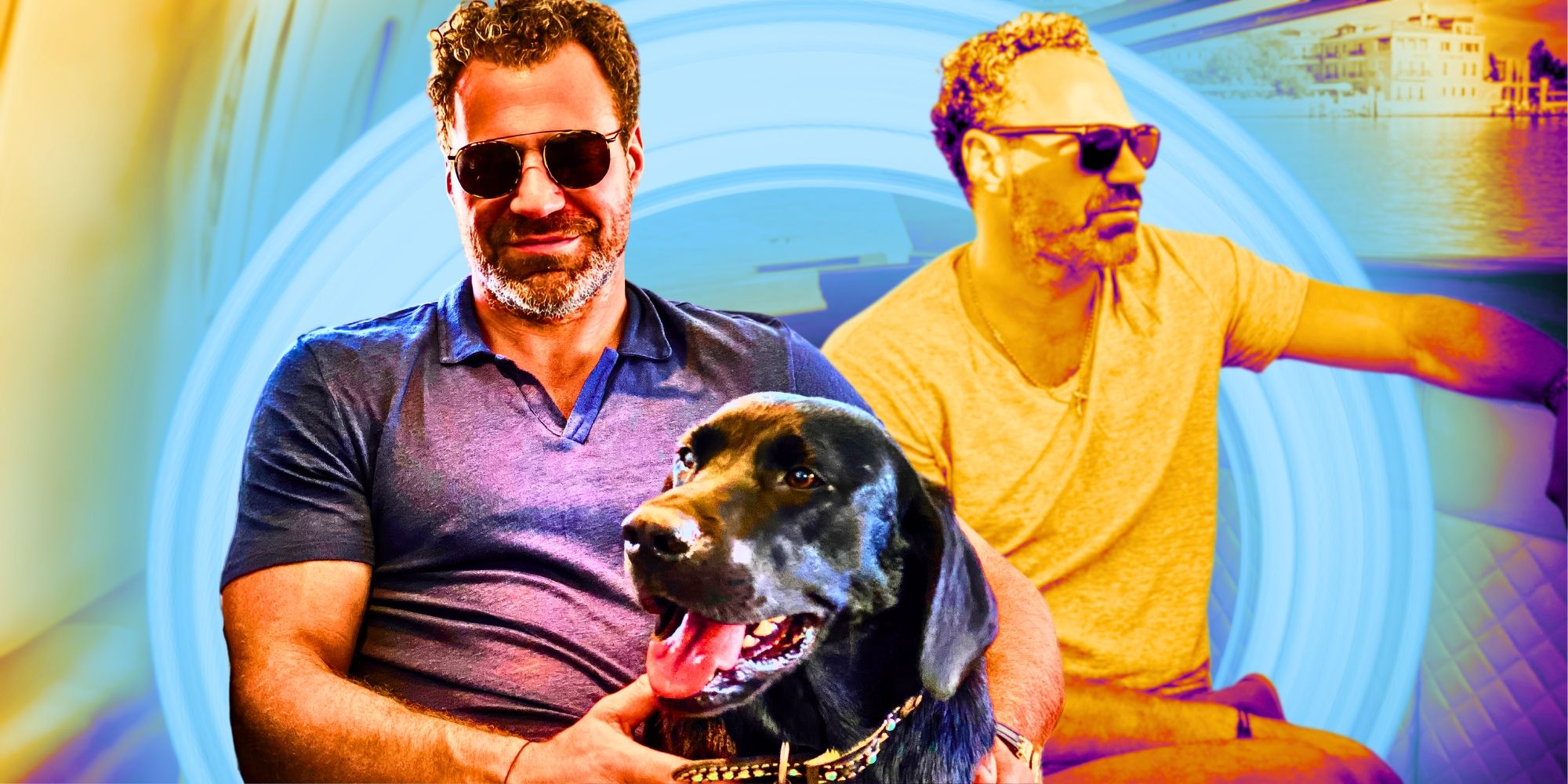 Zach Vella from Million Dollar Listing Los Angeles montage holding dog