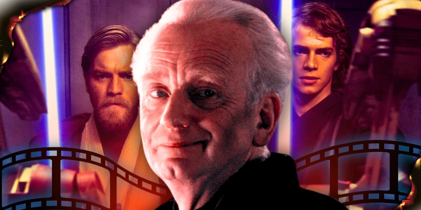 A combined image of Obi-Wan Kenobi the left and Anakin Skywalker to the right in the background and Chancellor Palpatine in the foreground with film running across the bottom