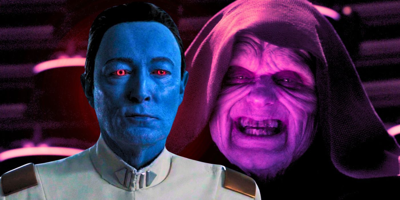 Ian McDiarmid as Emperor Palpatine from Revenge of the Sith in a purple hue to the right and Grand Admiral Thrawn in Ahsoka to the left