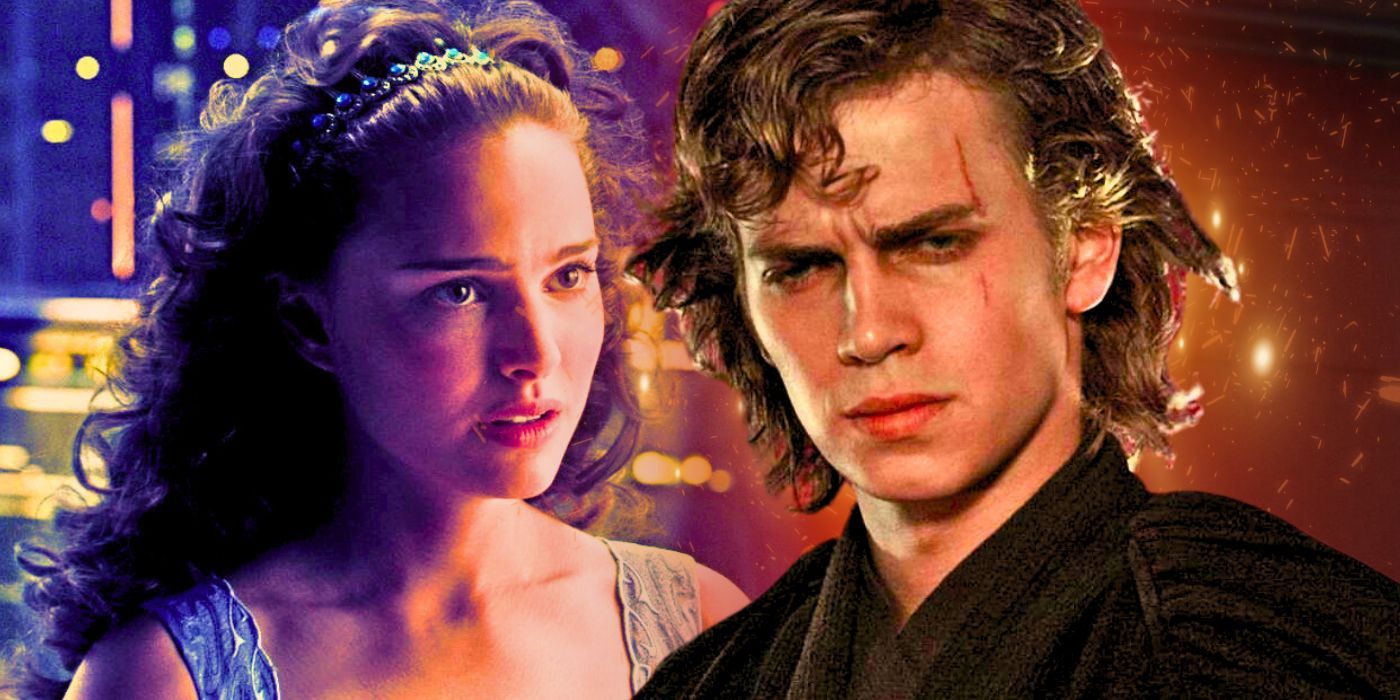 Natalie Portman as Padme Amidala to the left looking surprised and Hayden Christensen as Anakin Skywalker to the right looking upset in a combined image