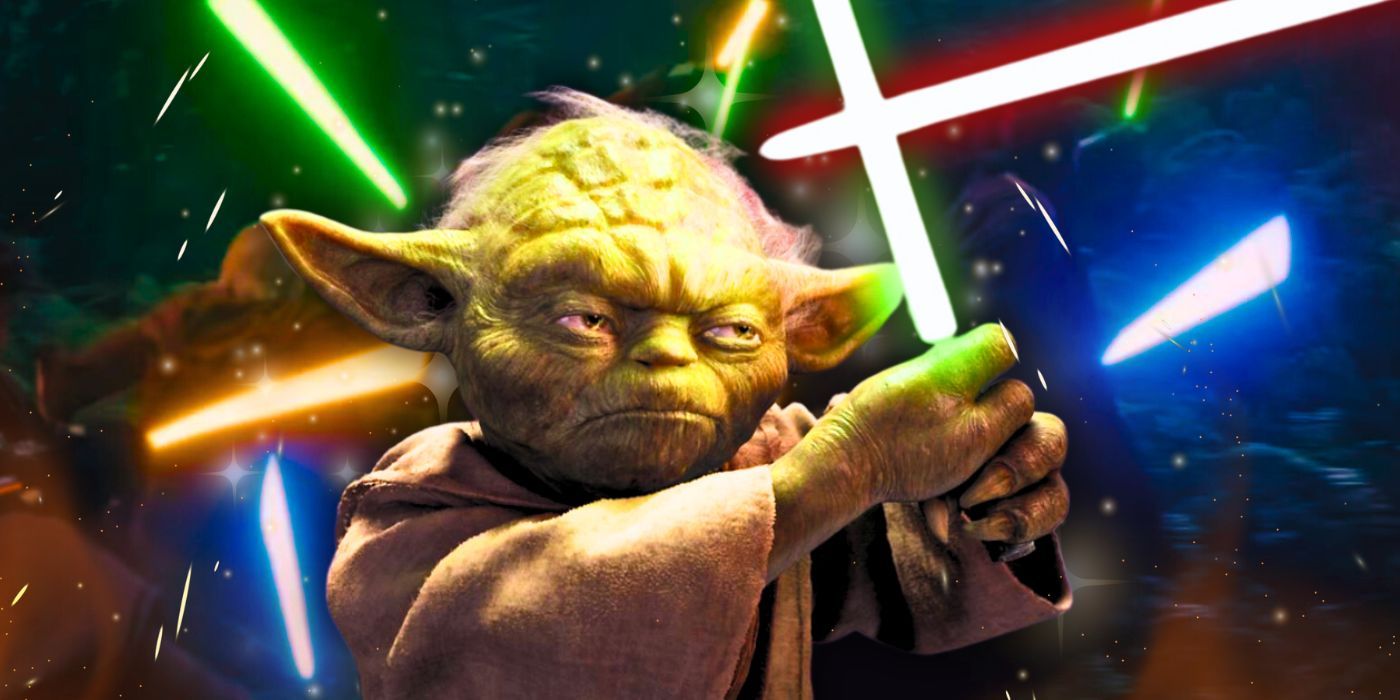 Yoda blocking Darth Sidious' lightsaber in Star Wars: Episode III - Revenge of the Sith with Jedi lightsabers from The Acolyte in the background.