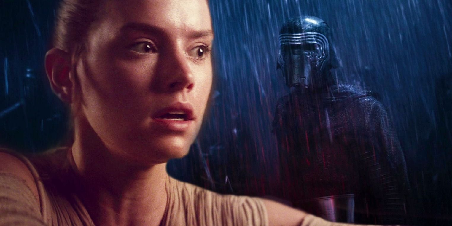Rey looking shocked to the left and Kylo Ren standing in the rain to the right in a combined image from The Force Awakens