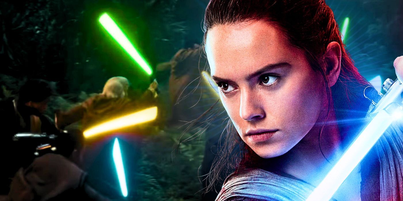 Rey Skywalker (Daisy Ridley) holds the blue Skywalker lightsaber in Star Wars: Episode VIII - The Last Jedi in front of a group of Jedi from the High Republic wielding blue, green, and yellow lightsabers in The Acolyte