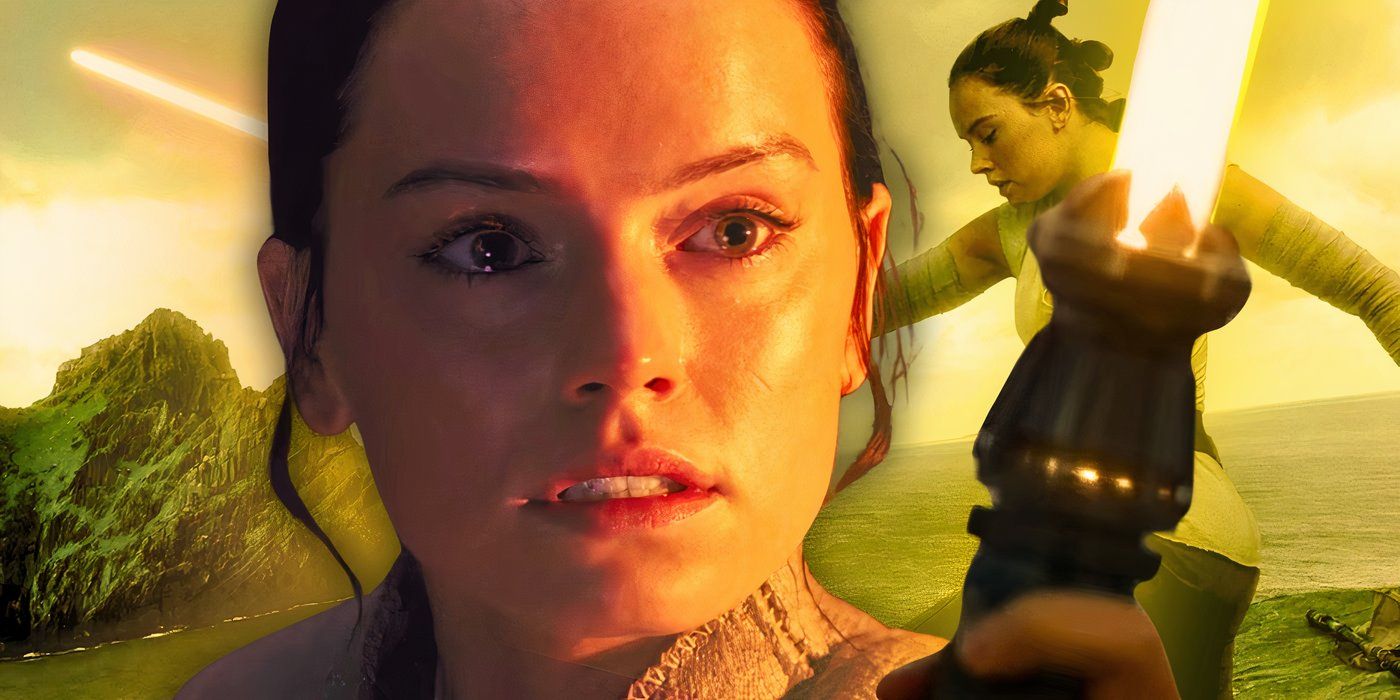 Rey Skywalker (Daisy Ridley) holding her yellow lightsaber with a pained expression in front of her training on Ahch-To in Star Wars: The Last Jedi