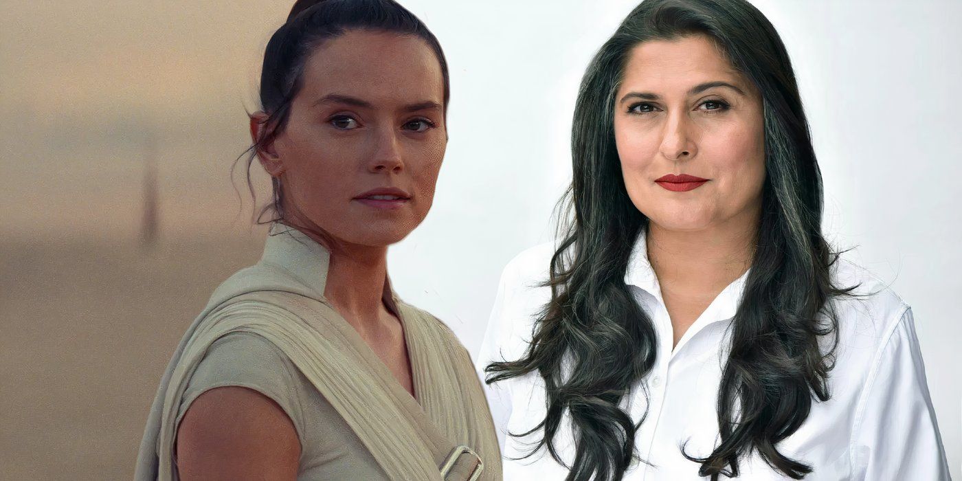 Daisy Ridley as Rey Skywalker in Star Wars: The Rise of Skywalker (2019) next to New Jedi Order director Sharmeen Obaid-Chinoy