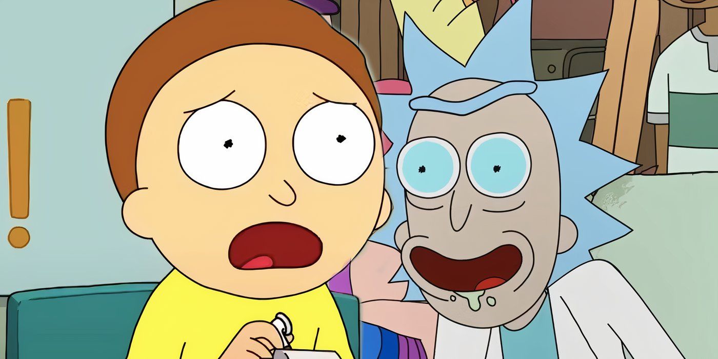 Morty looking worried next to Rick smiling with blue eyes in Rick and Morty