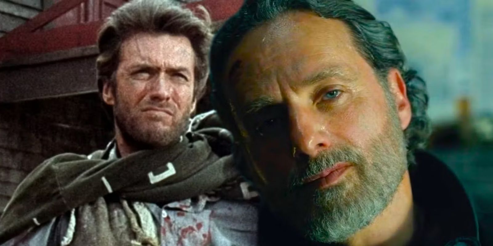 Clint Eastwood as The Man With No Name glaring in A Fistful of Dollars next to Rick Grimes with his head to one side in The Walking Dead The Ones Who Live