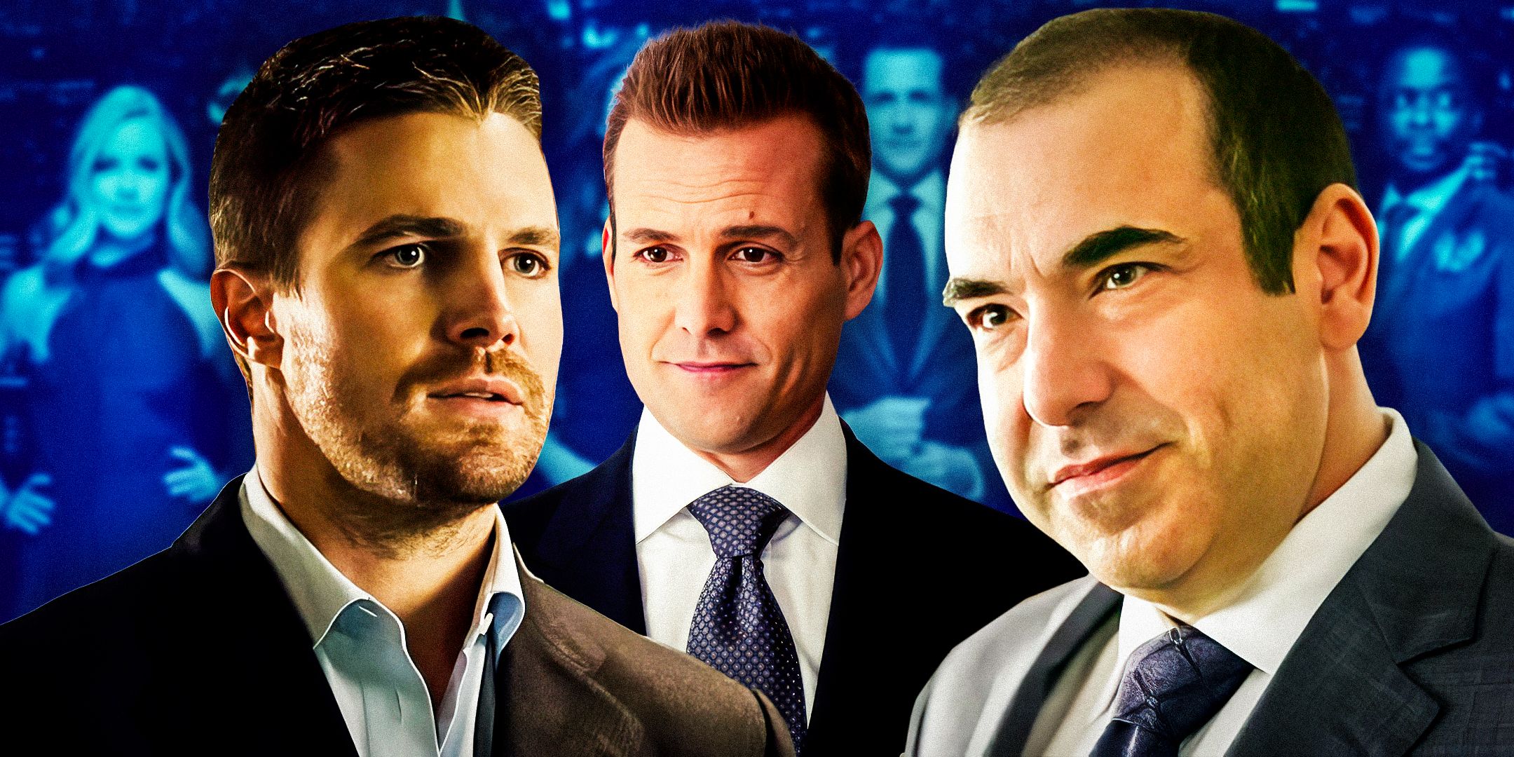 Stephen Amell, Gabriel Macht, and Rick Hoffman in front of a Suits poster