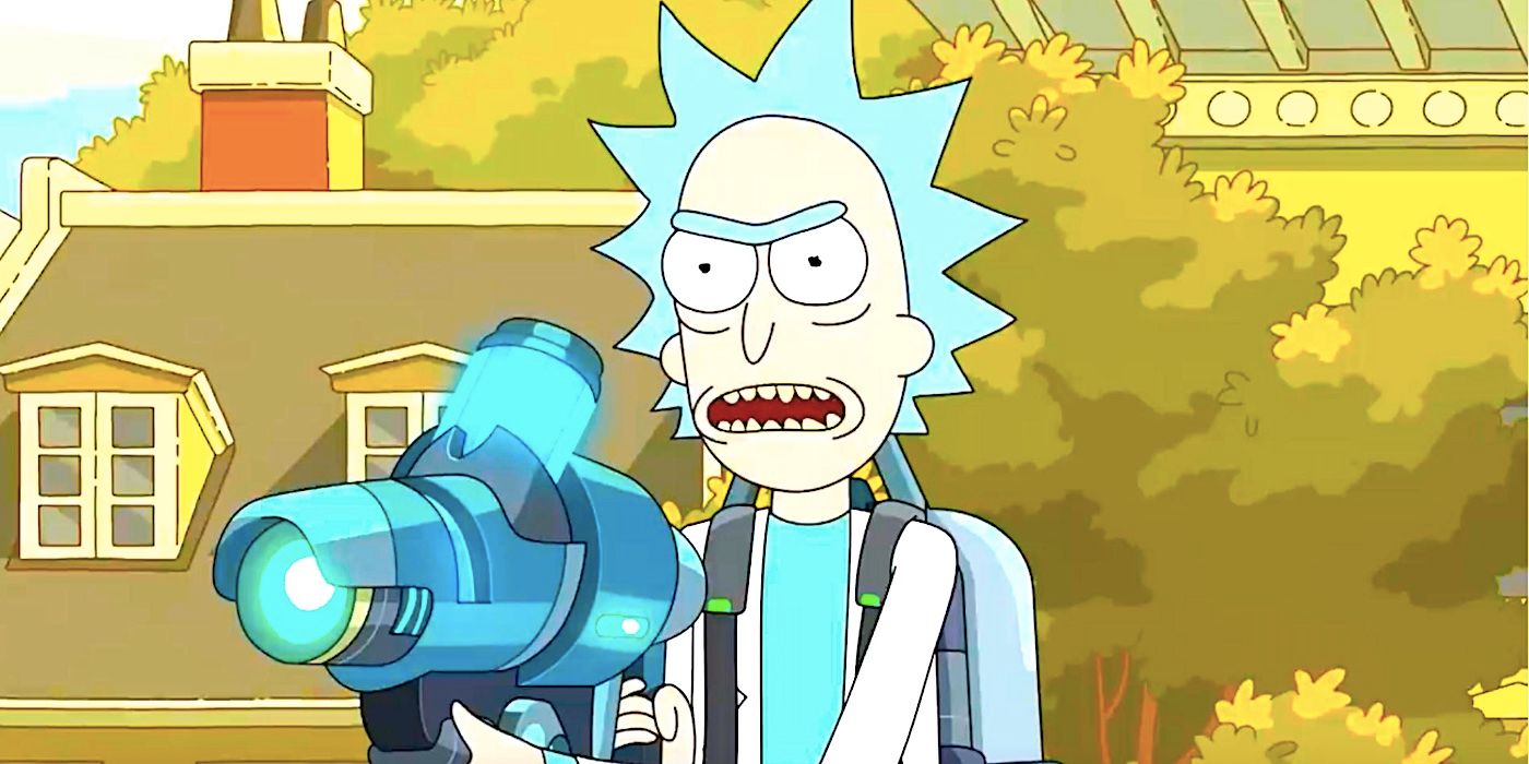 Rick holding a lazer gun and looking angry in Rick and Morty season 7