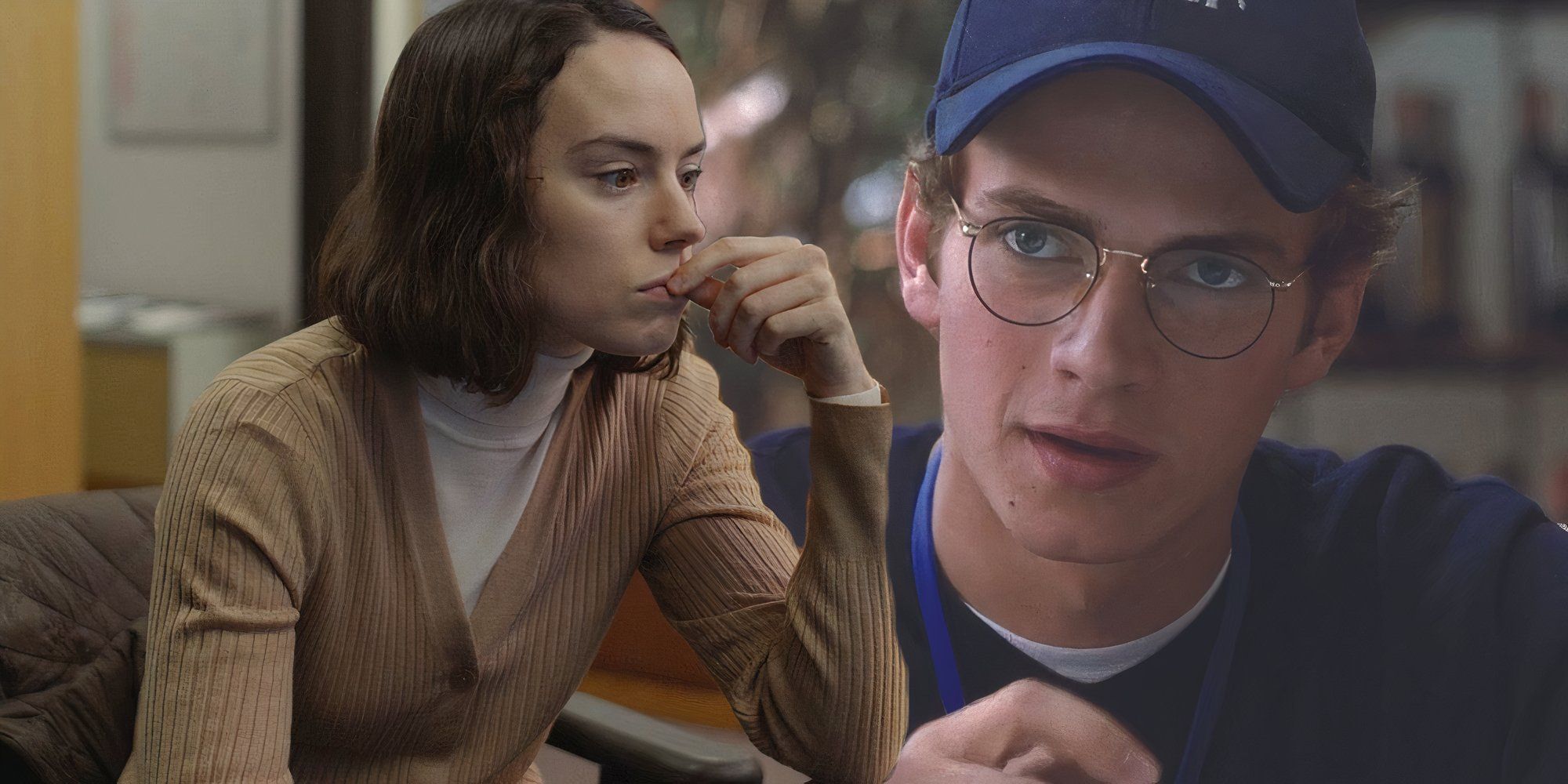 Daisy Ridley as Fran in Sometimes I Think About Dying and Hayden Christensen as Stephen Glass in Shattered Glass