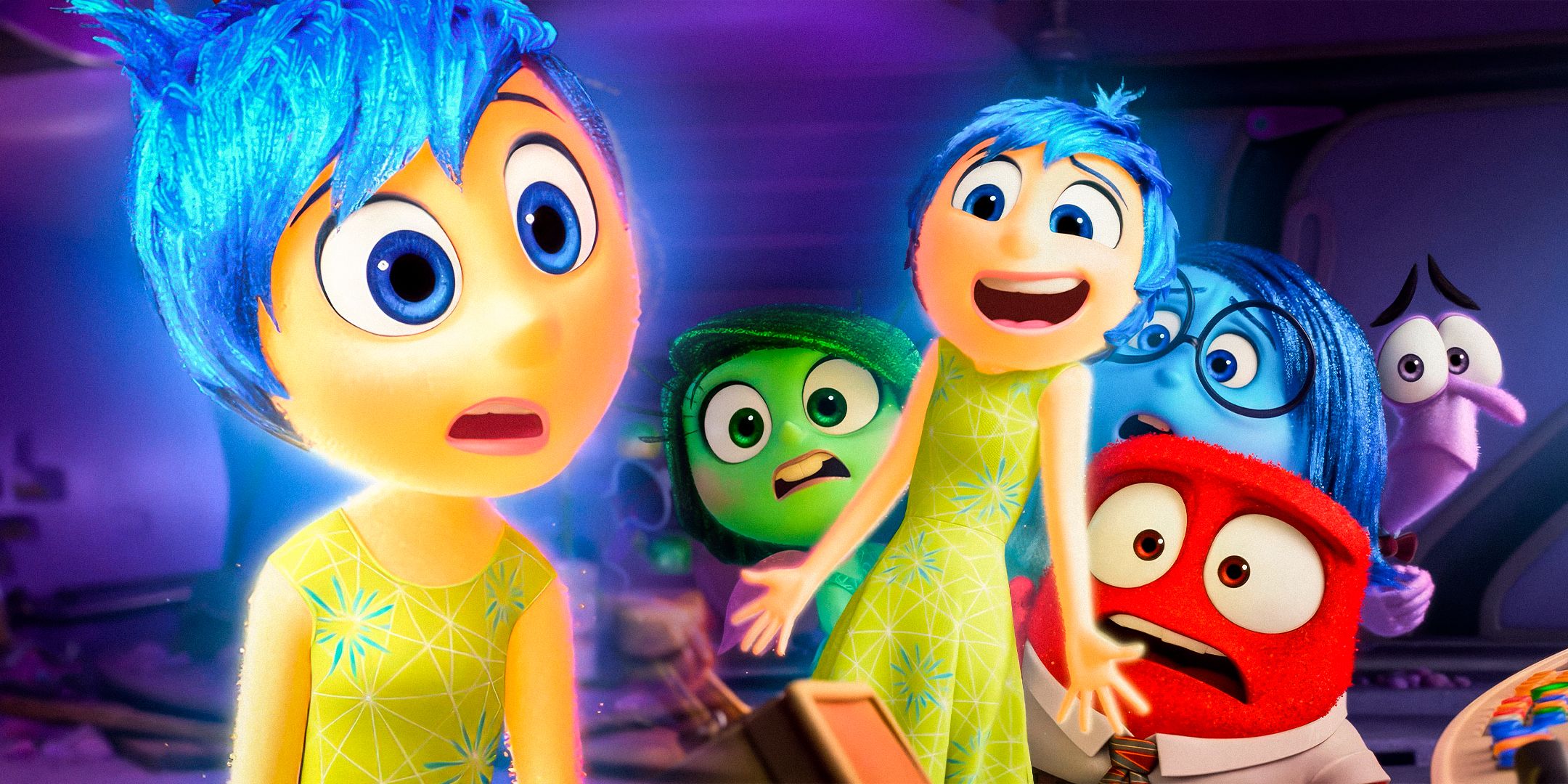 A split image of Joy looking confused and Joy shielding the other emotions in Inside Out 2