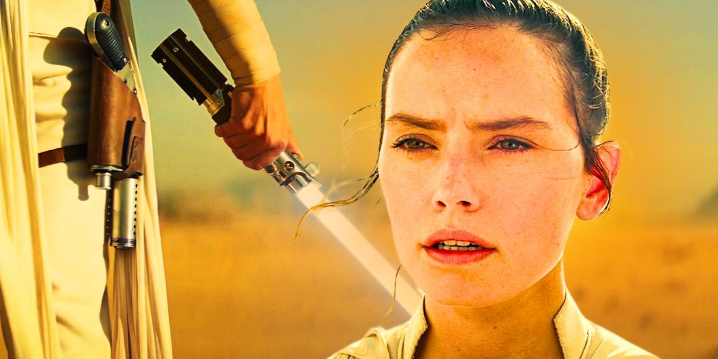 Rey ignites her blue lightsaber and prepares to face Kylo Ren on Pasaana in Star Wars: The Rise of Skywalker.