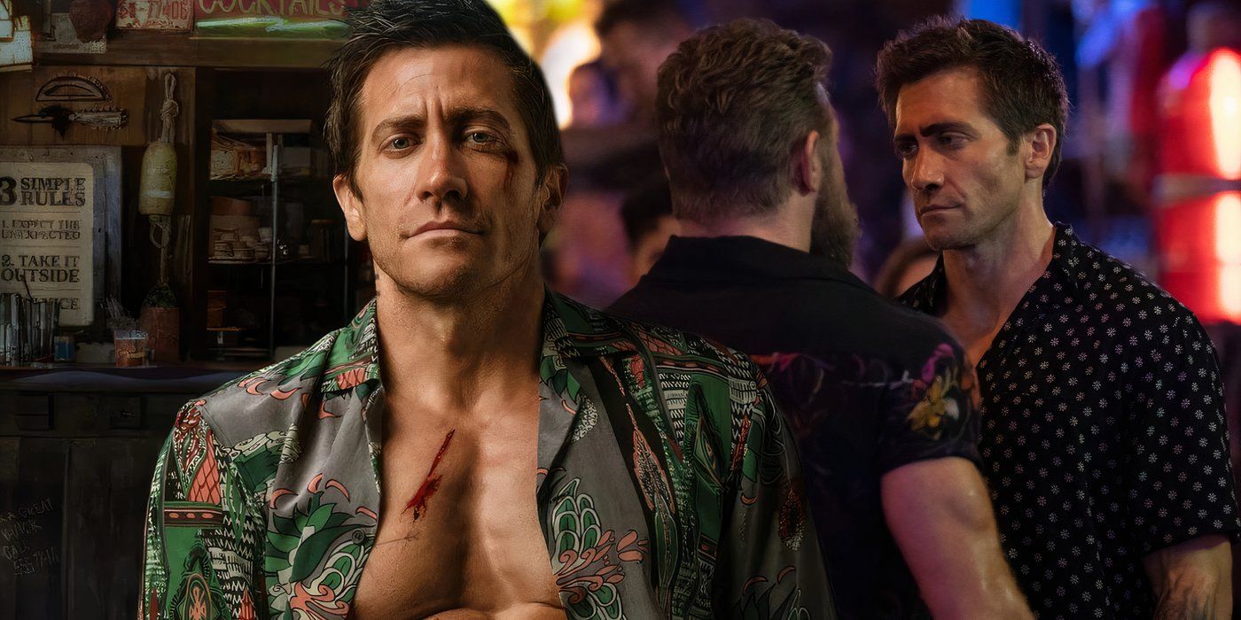 A composite image of Jake Gyllenhaal sitting with an open shirt and squaring off with Conor McGregor in the 2024 Road House remake