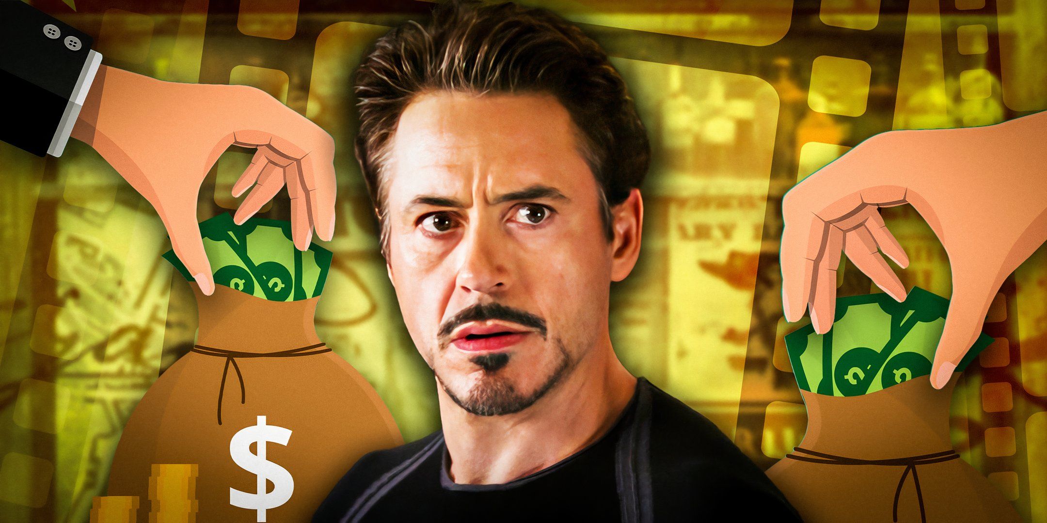 Robert Downey Jr. as Iron Man in The Avengers with money