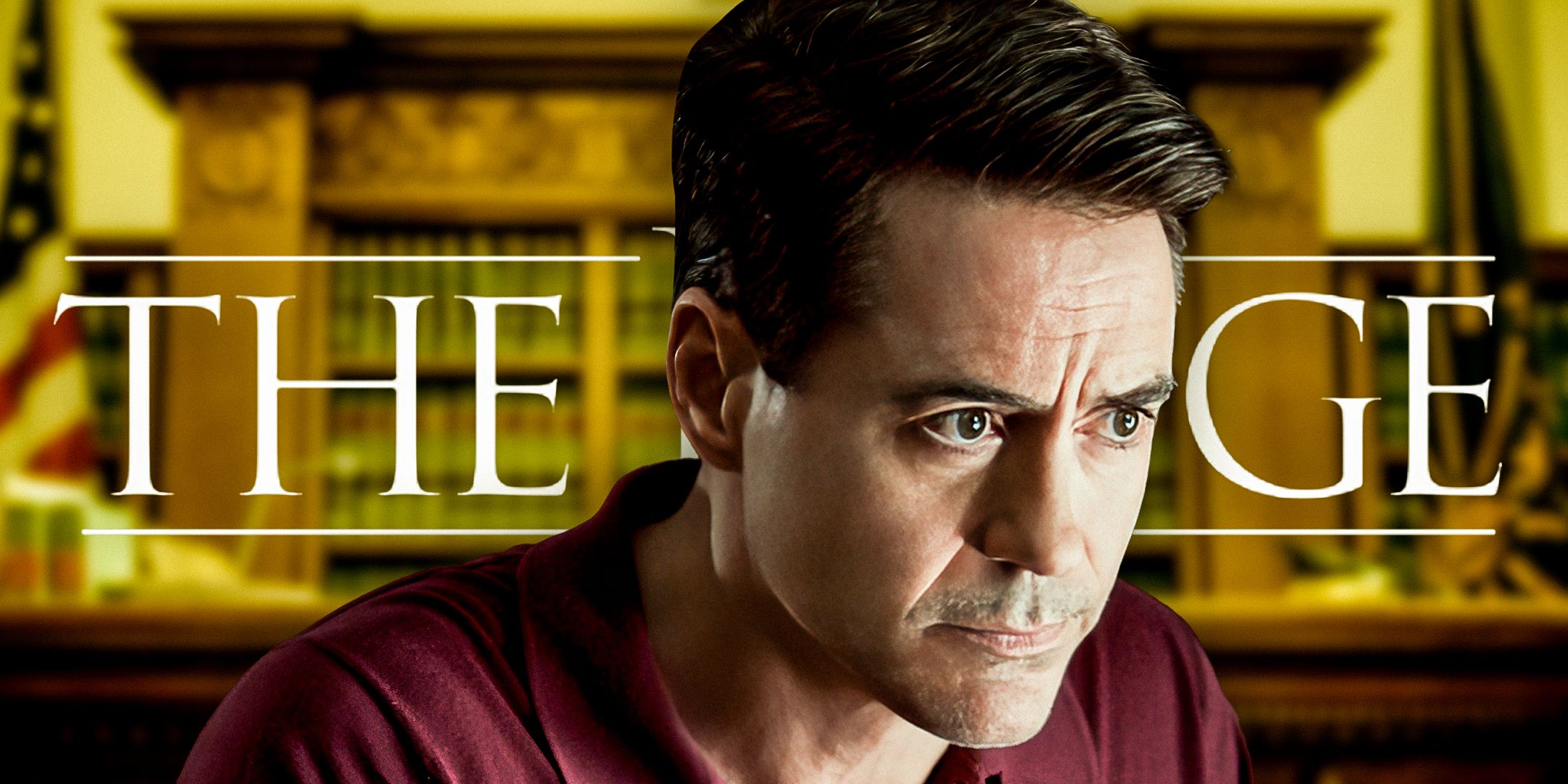 Robert Downey Jr. as Hank Palmer in front of a podium and bookshelf and the logo for The Judge (2014)