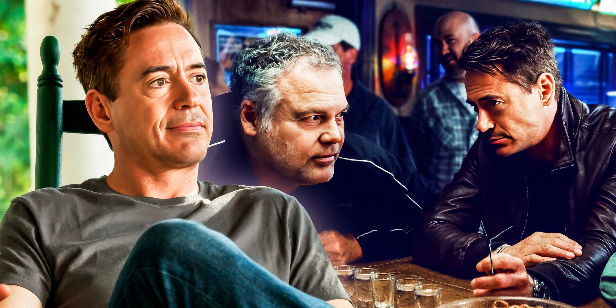 Robert Downey Jr. as Hank Palmer and Vincent D'Onofrio as Glen Palmer sitting together at a bar in The Judge (2014)