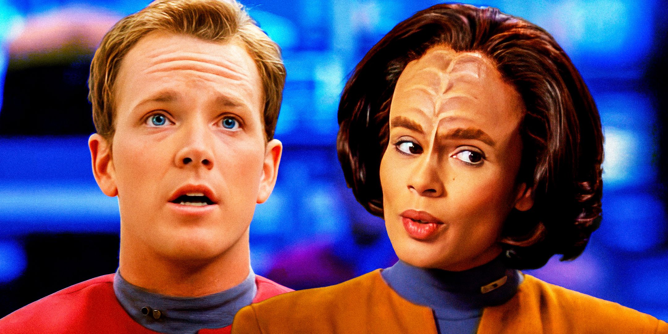 Robert Duncan McNeill as Tom Paris and Roxann Dawson as B'Elanna Torres from Star Trek: Voyager both make surprised faces on a blue background.