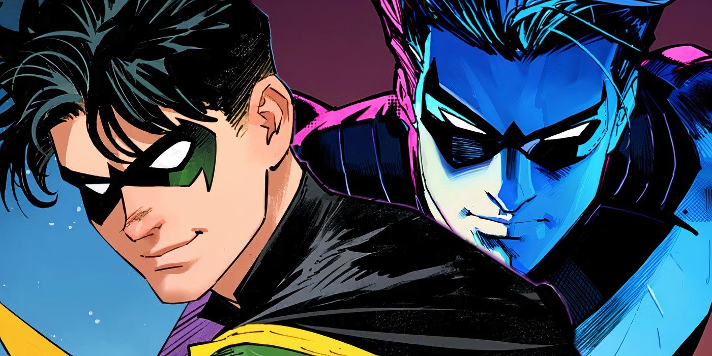 Tim Drake's Robin smiling to the left and Nightwing in blue tint smirking to the right over Robin's shoulder