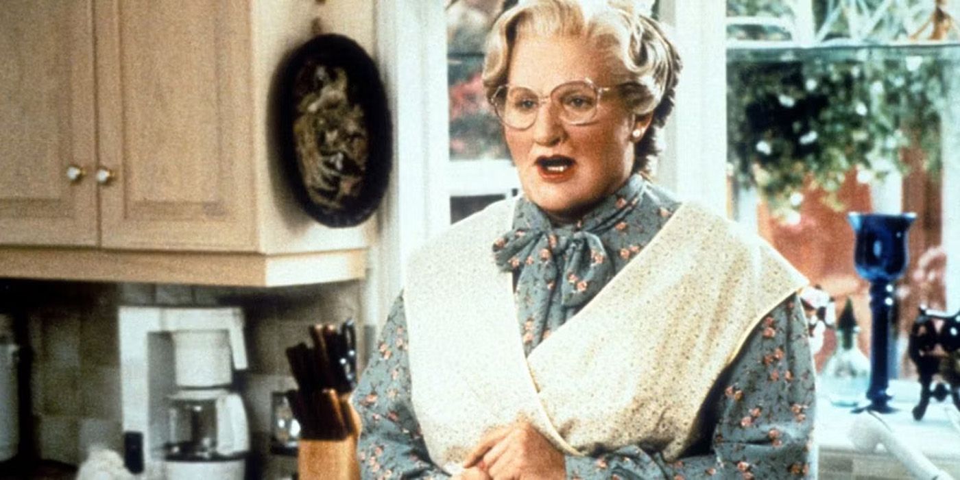 Robin Williams como Euphegenia Doubtfire em Mrs Doubtfire parecendo surpreso