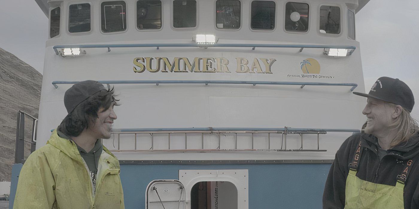 Ronnie James and Hunter Cooper laughing on the deck of Summer Bay in Deadliest Catch