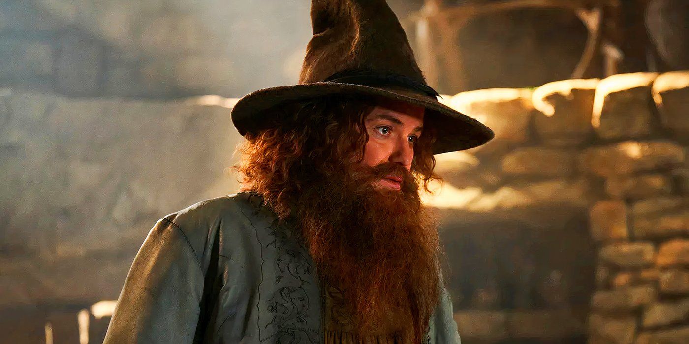 Rory Kinnear as Tom Bombadil Wearing a Pointed Hat in The Lord of the Rings The Rings of Power