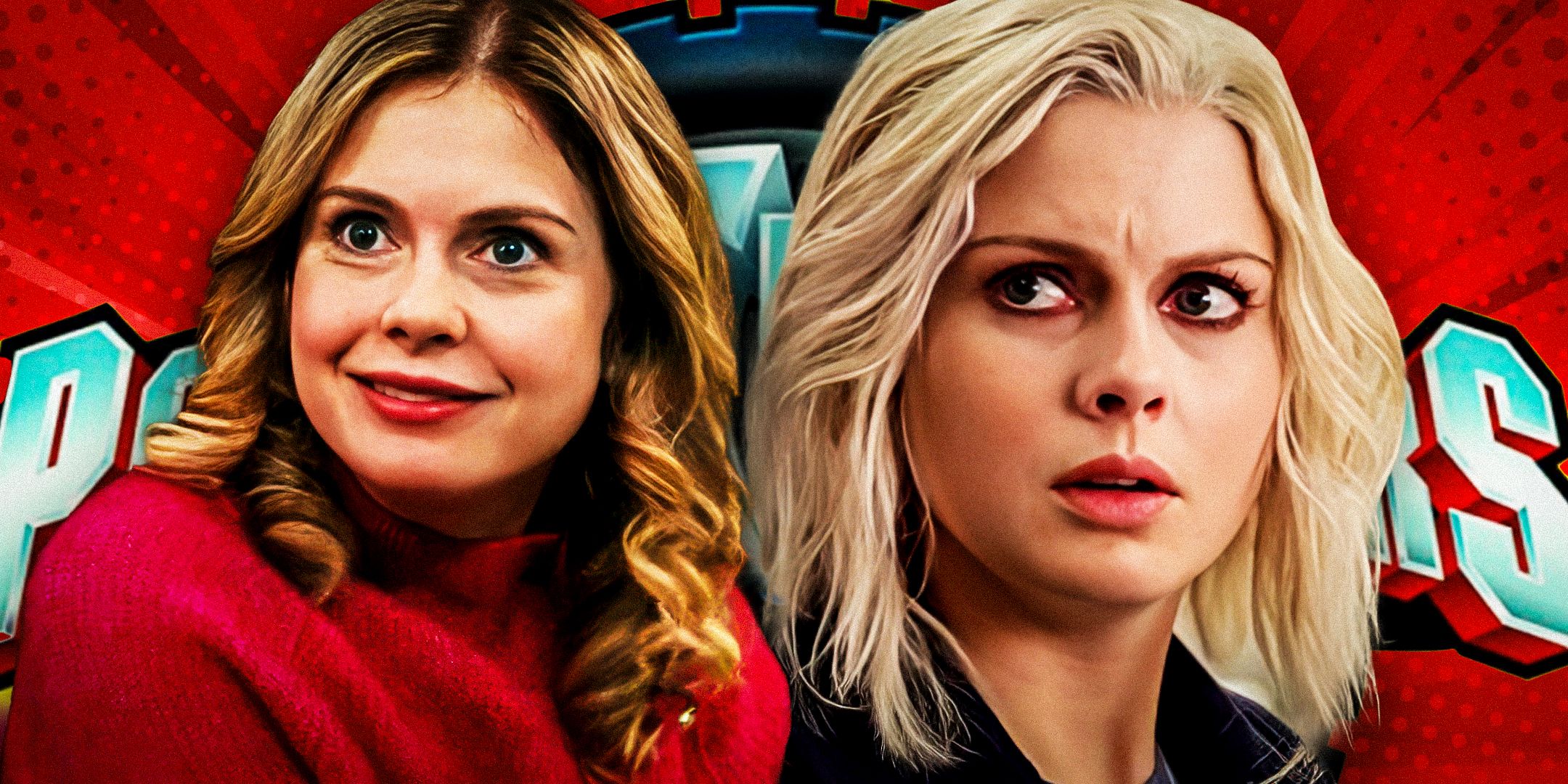 Rose McIver in Ghosts and iZombie in front of the Power Rangers RPM logo