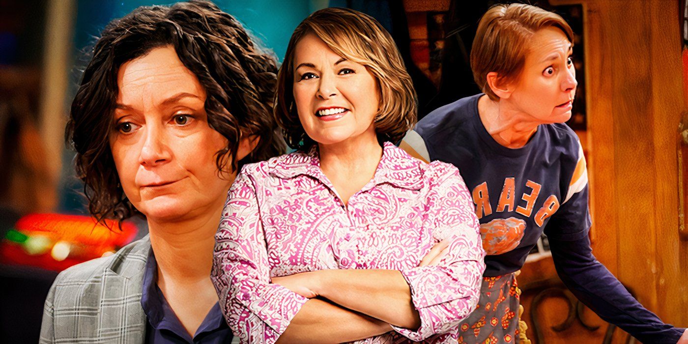 Roseanne Barr's Roseanne beside Laurie Metcalf's Jackie and Sara Gilbert's Darlene from The Conners