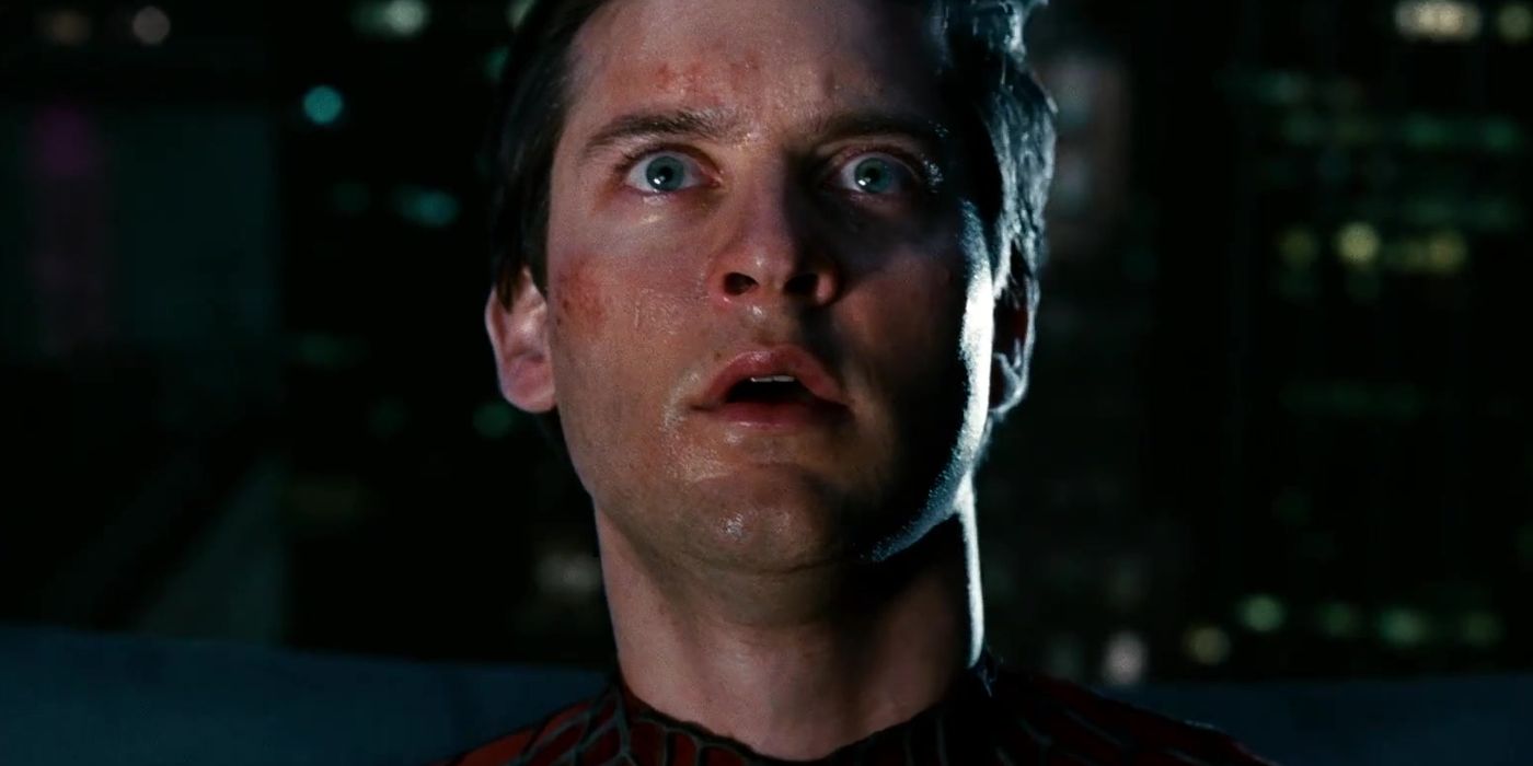 Tobey Maguire as Peter Parker looking scared in Spider-Man 3 (2007)