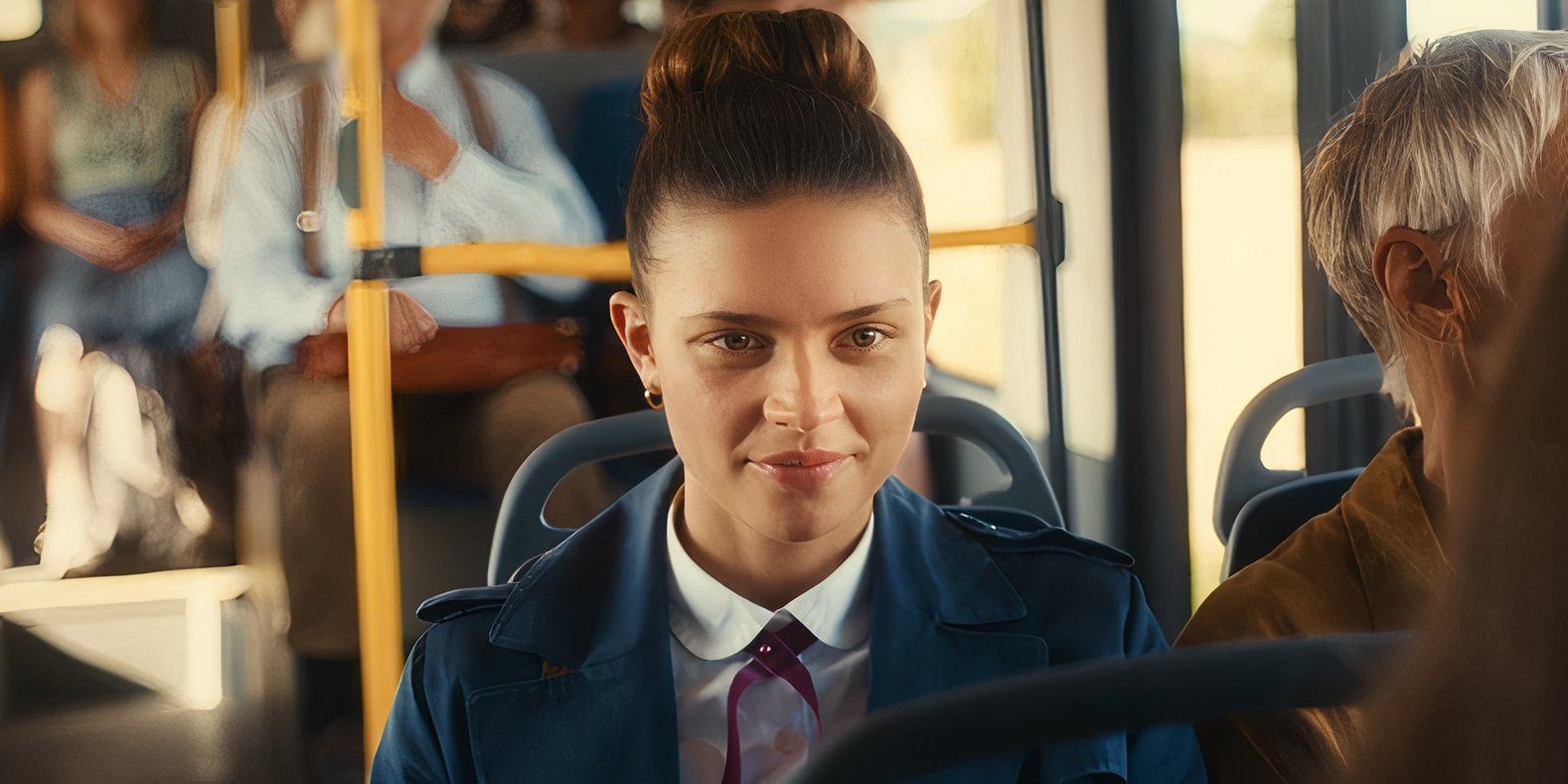 Harriet Herbeg-Matten como Ruby Bell sorrindo no ônibus em Maxton Hall: The World Between Us