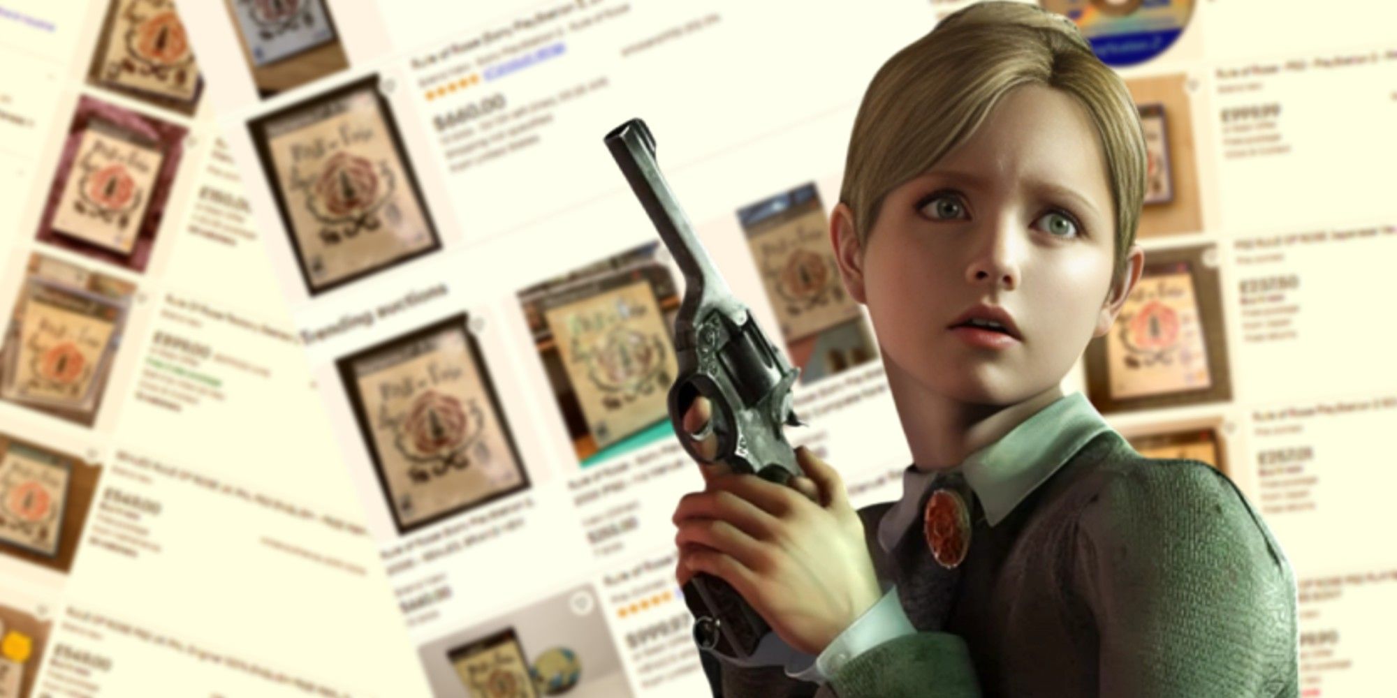 Jennifer from Rule of Rose holding a gun and looking afraid, on a background of blurred eBay listings.