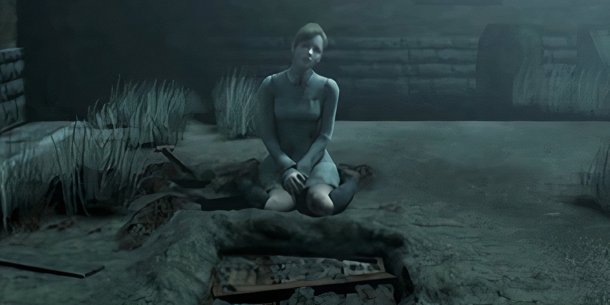 Jennifer kneeling in front of a grave in Rule of Rose. Everything is shades of grey.