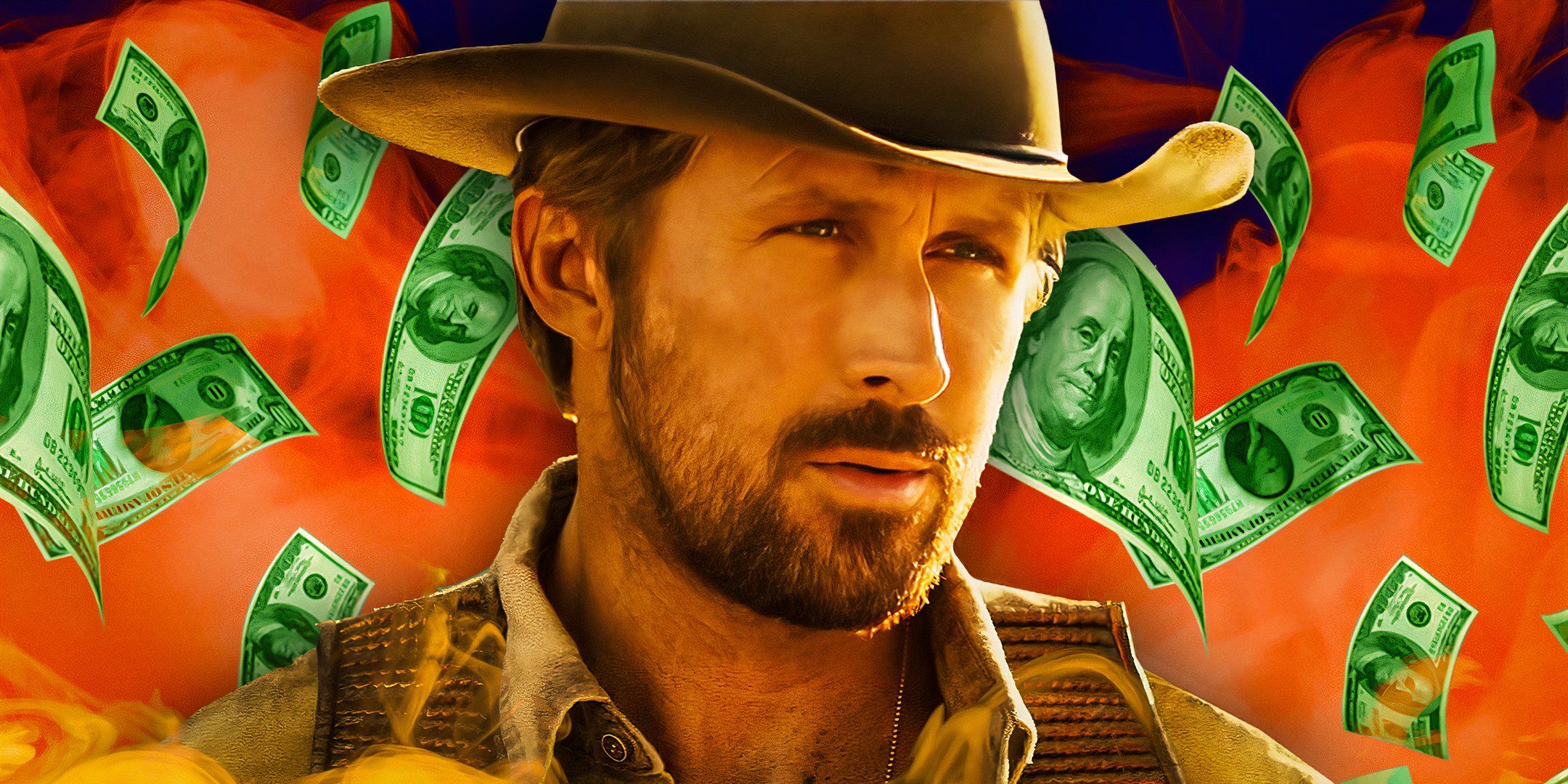 Ryan Gosling como Colt Seavers em The Fall Guy com dinheiro caindo para trás