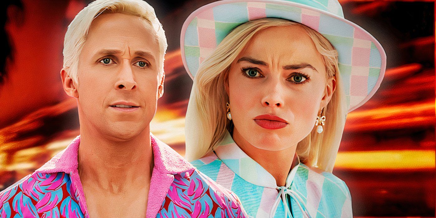 Ryan Gosling's Ken and Margot Robbie's Barbie looking concerned in Barbie