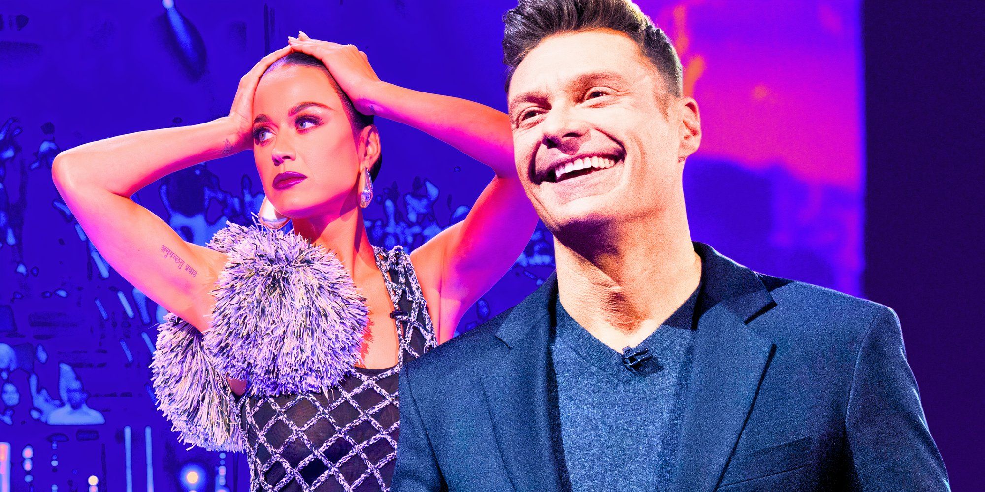 American Idol's Katy Perry holds her hands on top of her head, and Ryan Seacrest smiles widely.