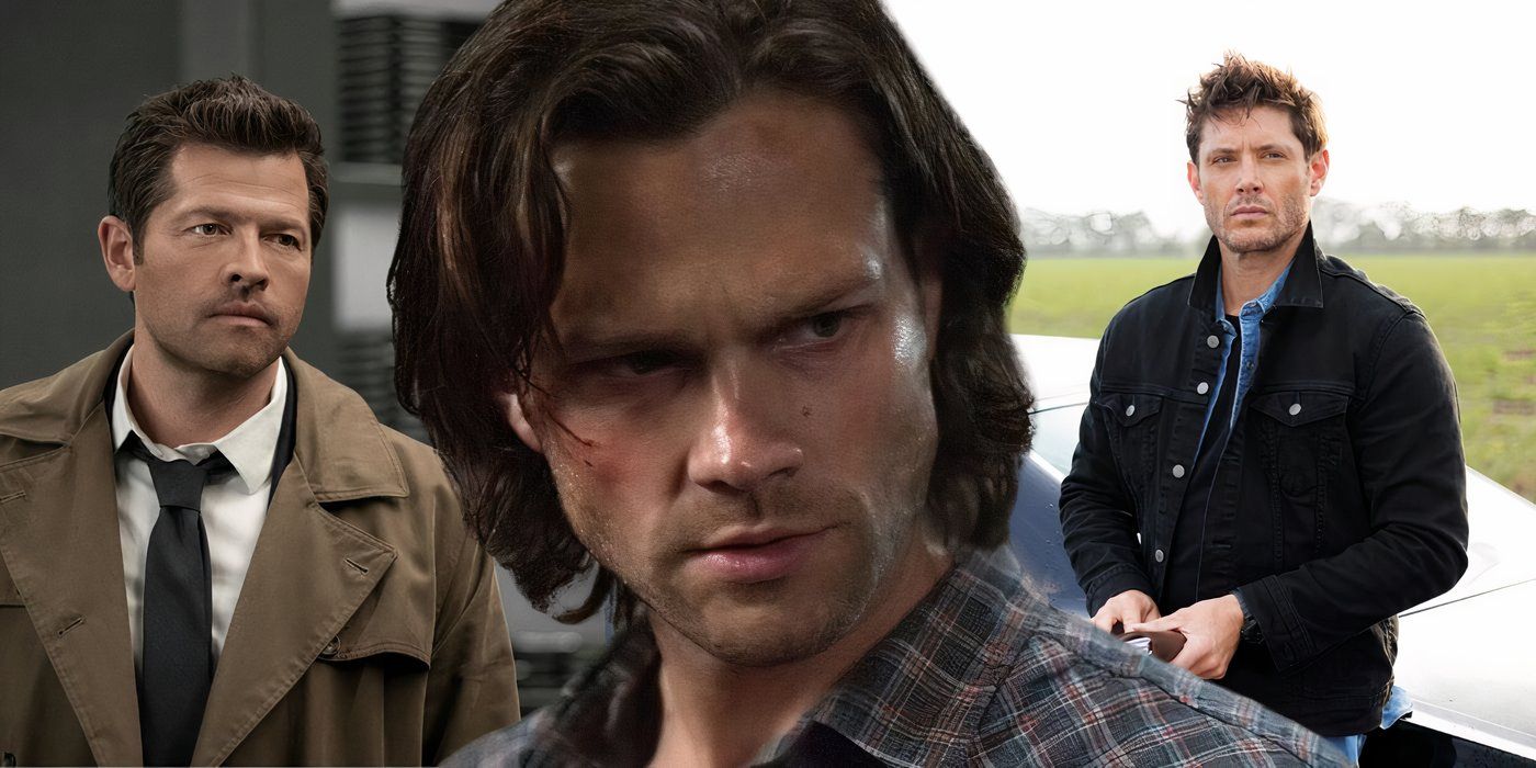 Blended image of Sam (Jared Padalecki) and Dean Winchester (Jensen Ackles) and Castiel (Misha Collins)