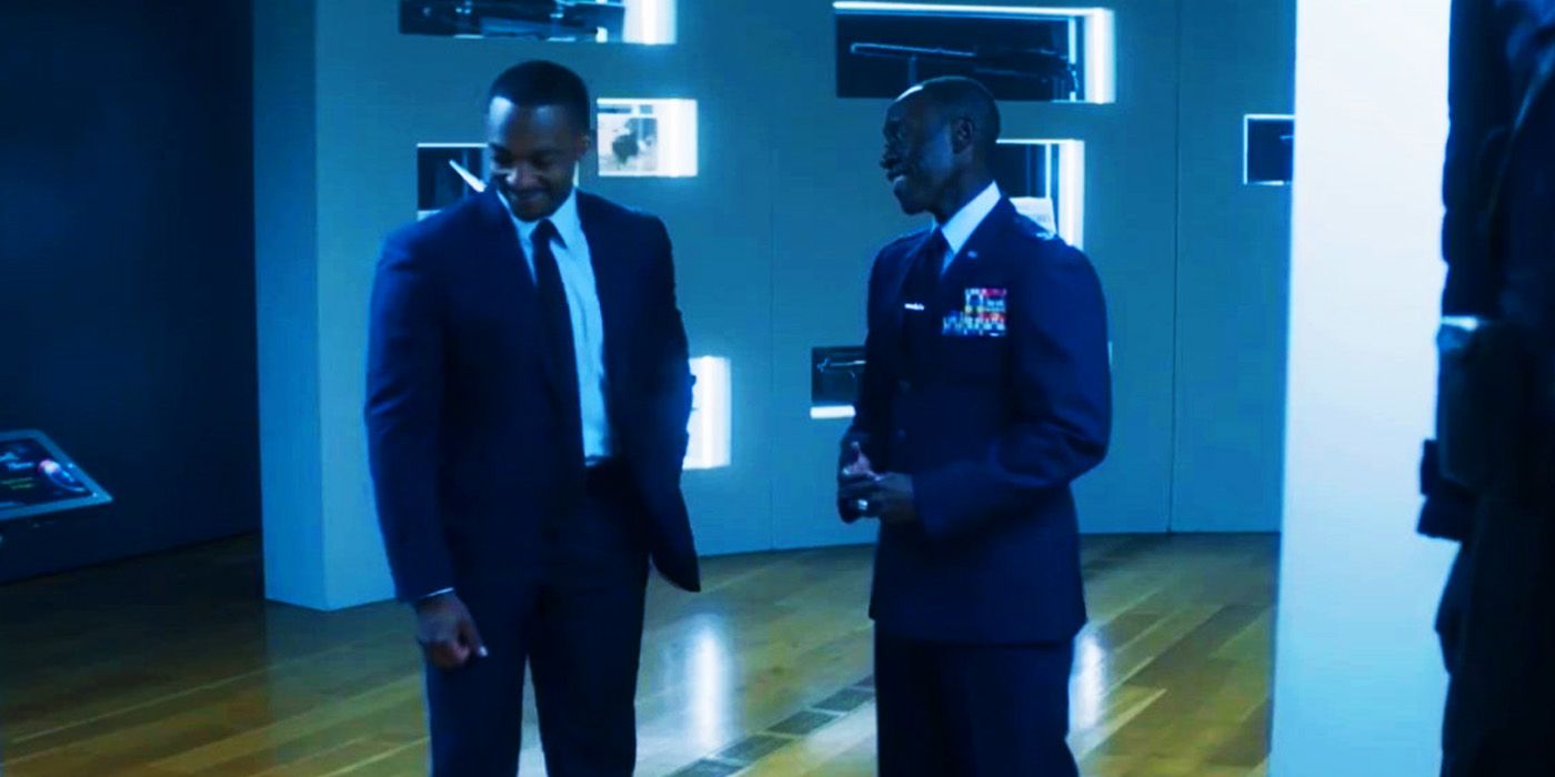 Sam Wilson and Rhodey laughing in The Falcon and the Winter Soldier's deleted scene