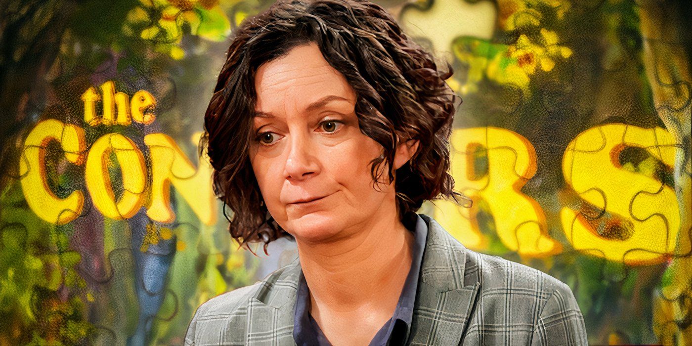 Sara Gilbert's Darlene looking sad over The Conners logo