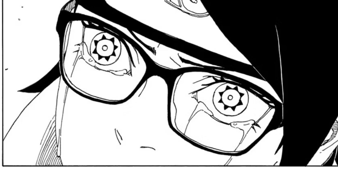 Sarada usando seu Mangekyo Sharingan pela primeira vez no mangá Boruto